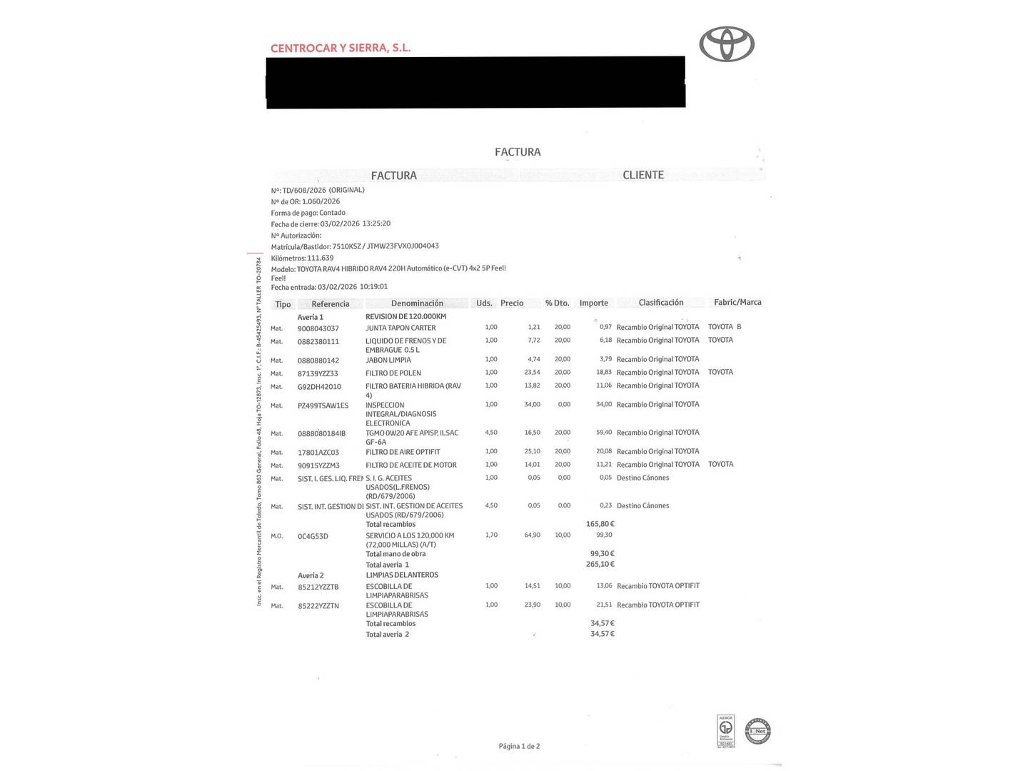 Foto del mantenimiento del Toyota Rav4 Toyota Rav4 2.5l hybrid Feel! (218 CV)