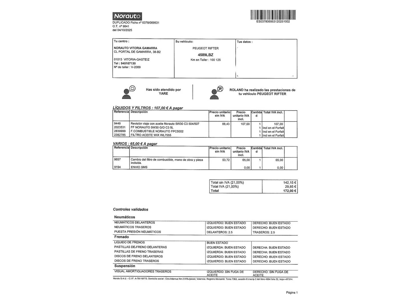 Foto del mantenimiento del Peugeot Rifter Peugeot Rifter BlueHDi 130 GT Line Standard (130 CV)