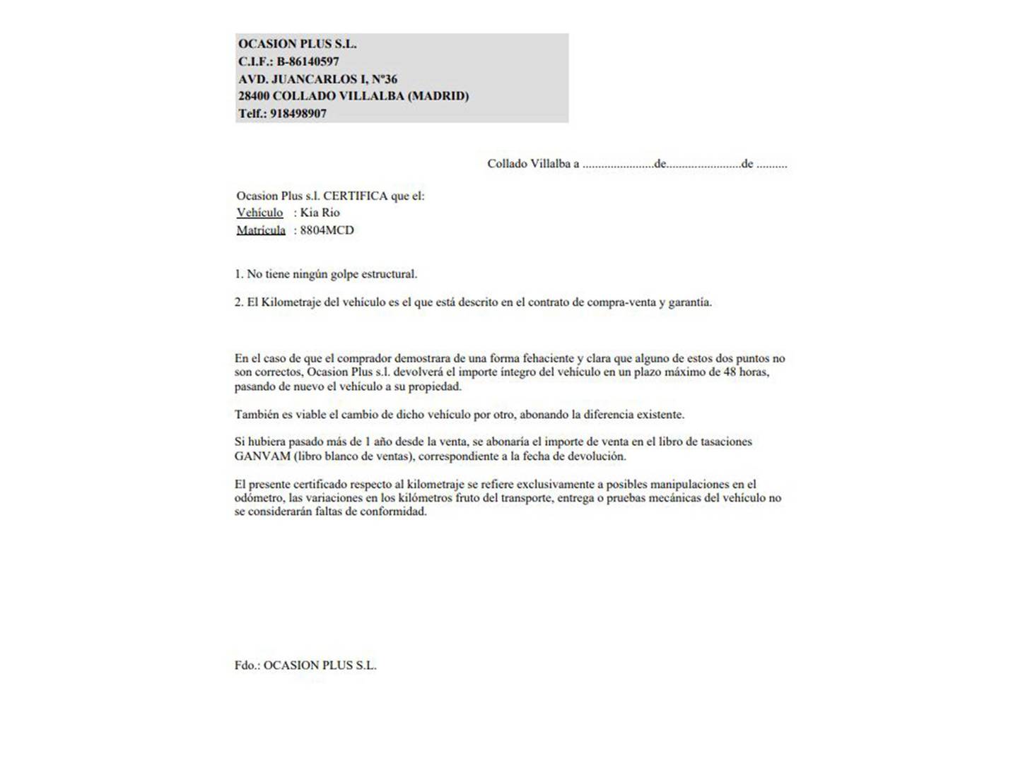 Foto del certificado del KIA Rio KIA Rio 1.2 DPi Concept (84 CV)