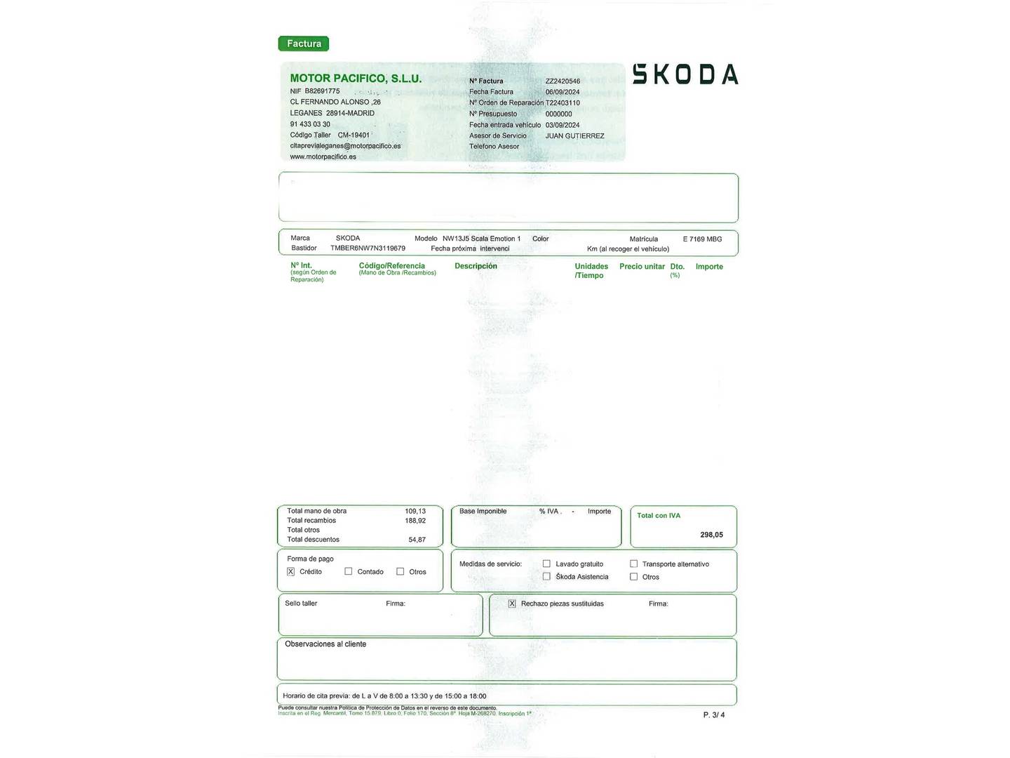 Foto del mantenimiento del Skoda Scala Skoda Scala 1.0 TSI Ambition (110 CV)