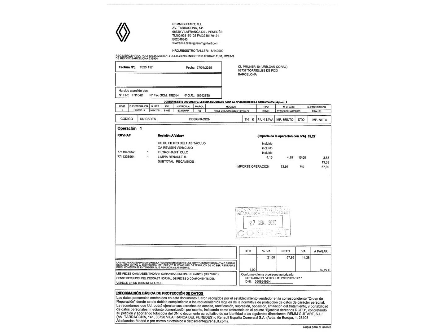 Foto del mantenimiento del Renault Clio Renault Clio 1.2 16v Authentique (75 CV)