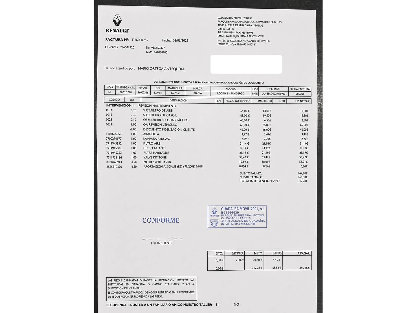 Foto del mantenimiento del Dacia Sandero Dacia Sandero dCi 90 Stepway (90 CV)