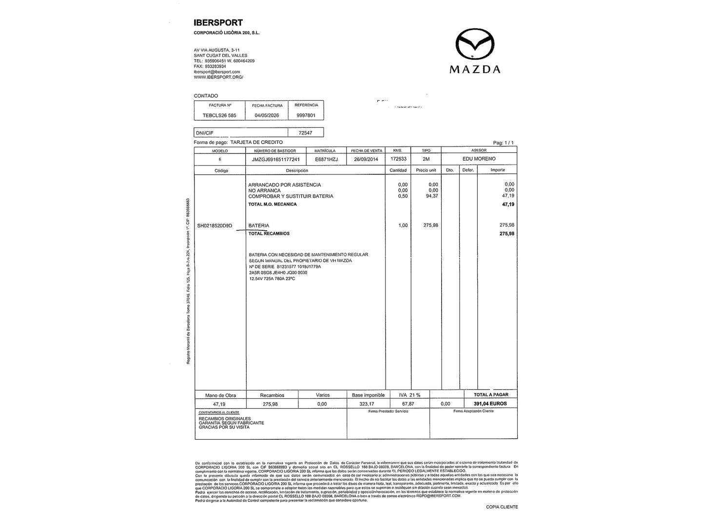 Foto del mantenimiento del Mazda Mazda6 Mazda Mazda 6 2.2 DE WAGON Style + Pack Safety (150 CV)