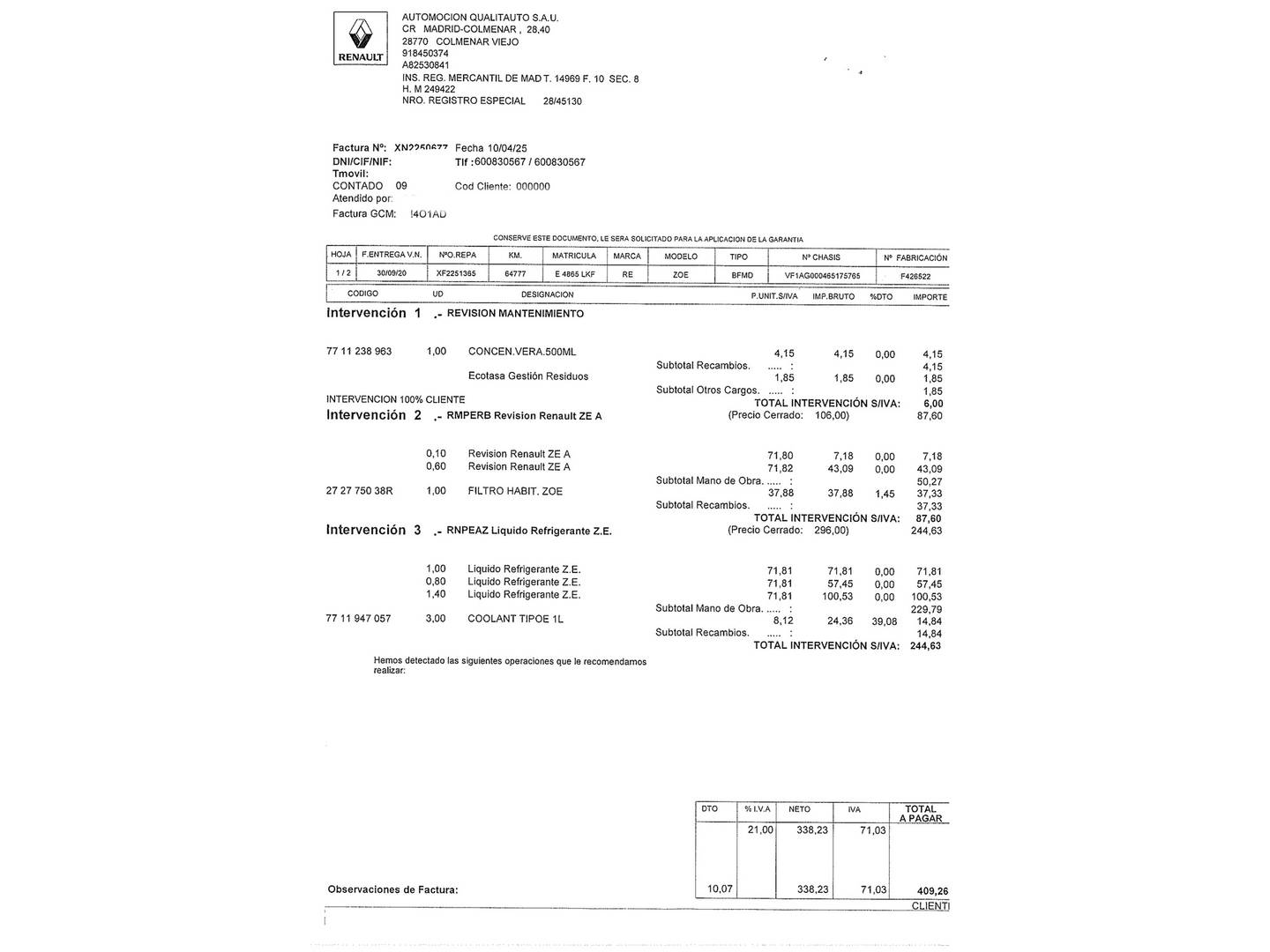 Foto del mantenimiento del Renault ZOE Renault Zoe Intens R110 Batería 50kWh (108 CV)