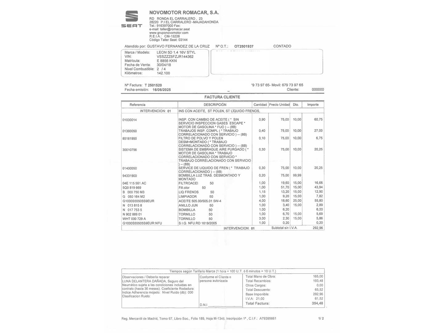 Foto del mantenimiento del Seat León Seat León 1.4 TGI GNC S&S Style Visio (110 CV)