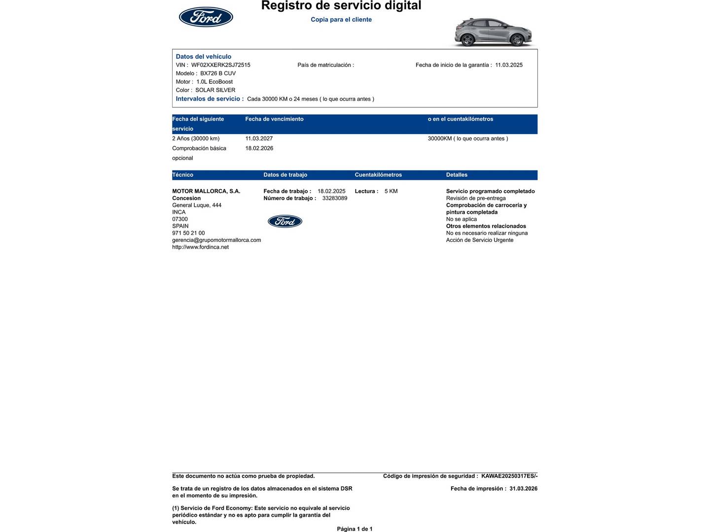 Foto del mantenimiento del Ford Puma Ford Puma 1.0 EcoBoost MHEV ST-Line (125 CV)