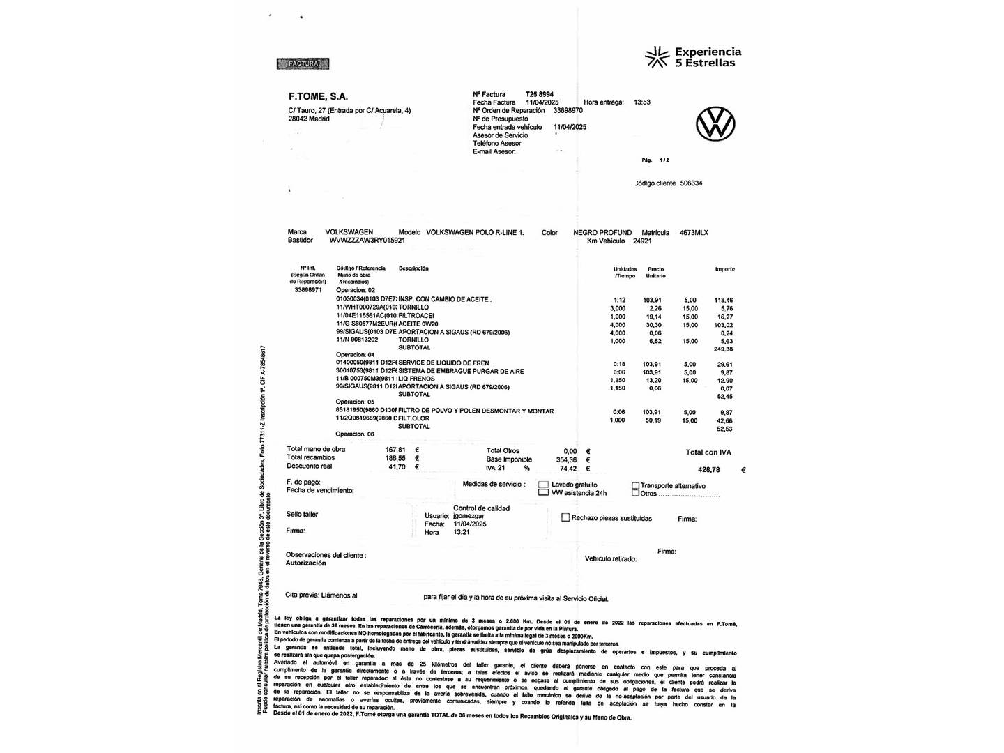 Foto del mantenimiento del Volkswagen Polo Volkswagen Polo R-Line 1.0 TSI (95 CV)