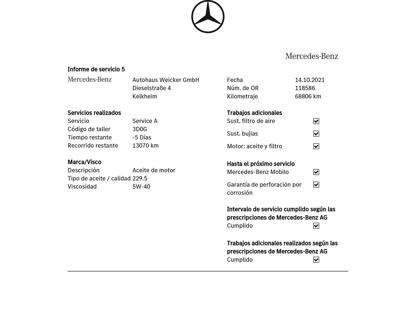 Foto del mantenimiento del Mercedes Clase A Mercedes Clase A 180 Urban (122 CV)