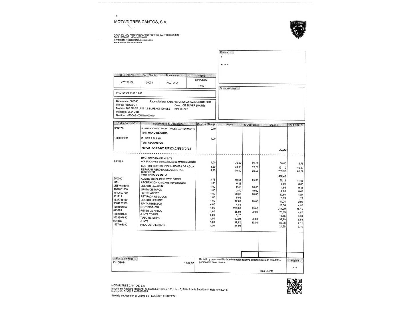 Foto del mantenimiento del Peugeot 208 Peugeot 208 1.6L BlueHDi S&S GT-Line (120 CV)