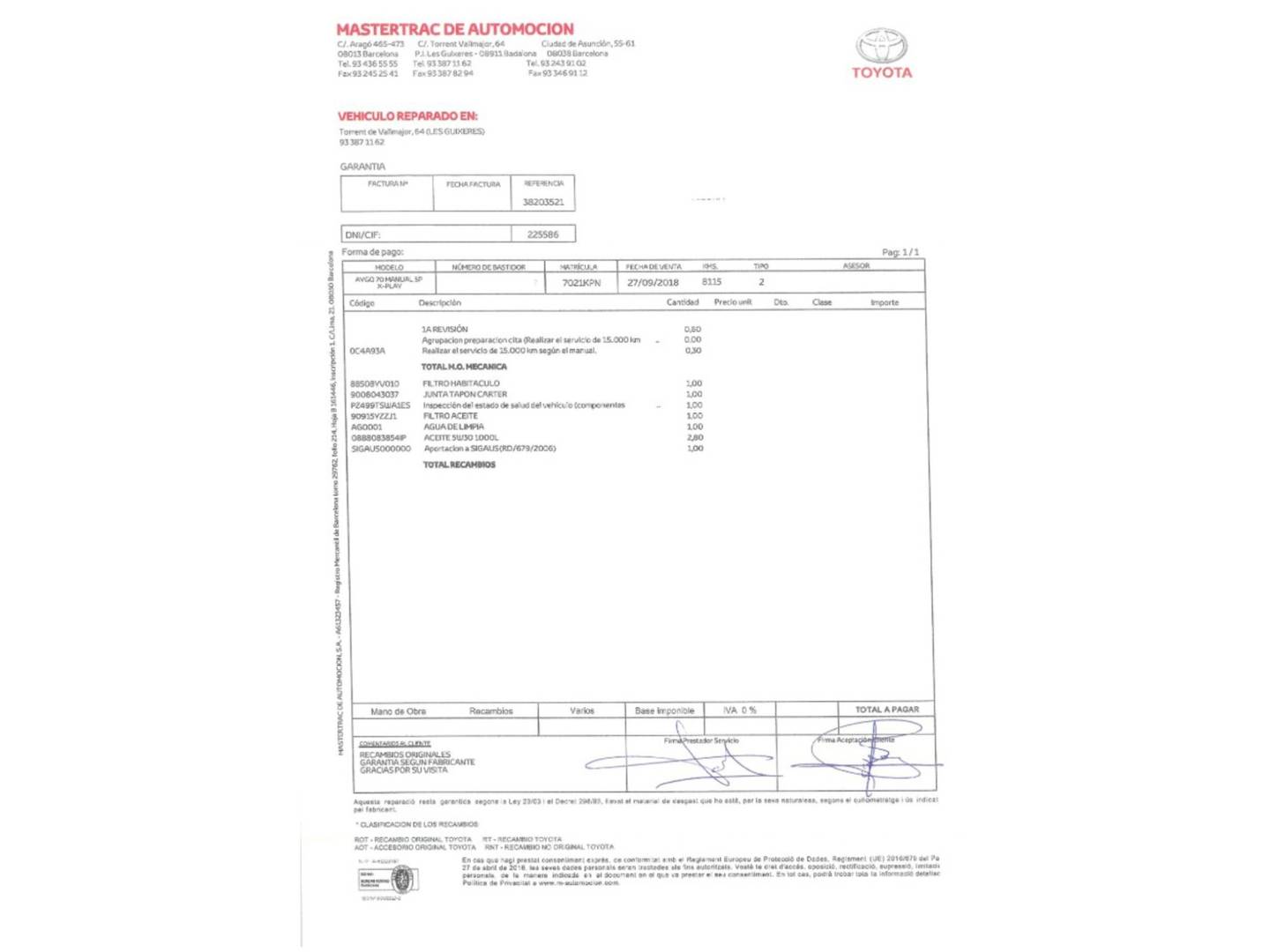 Foto del mantenimiento del Toyota Aygo Toyota Aygo 1.0 70 x-play (72 CV)