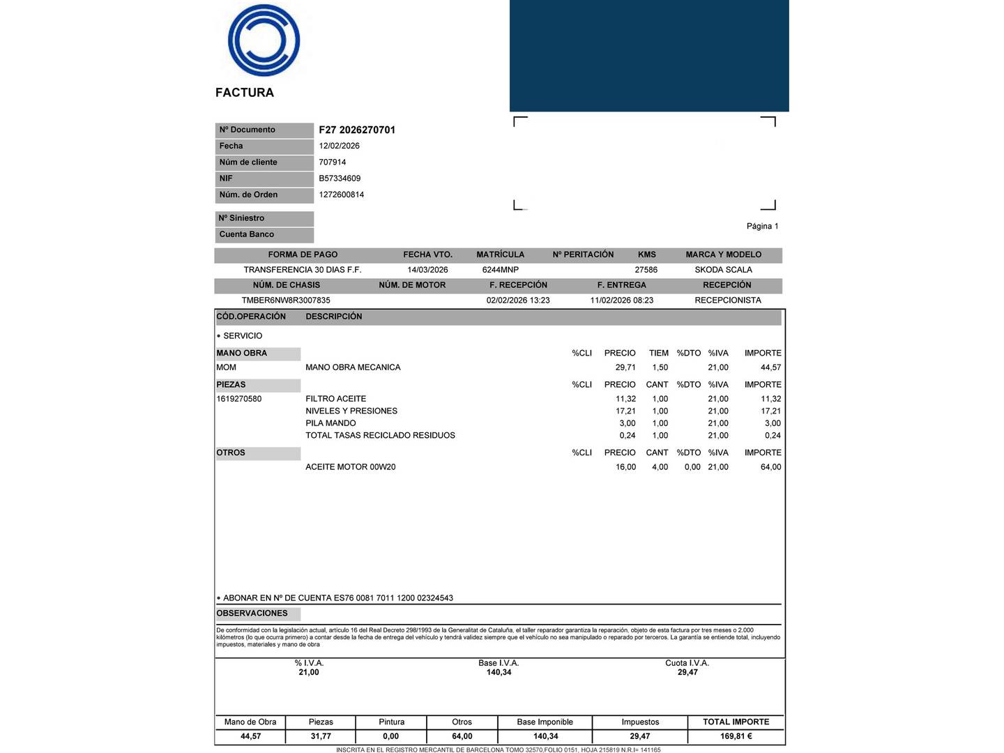 Foto del mantenimiento del Skoda Scala Skoda Scala 1.0 TSI Selection (115 CV)