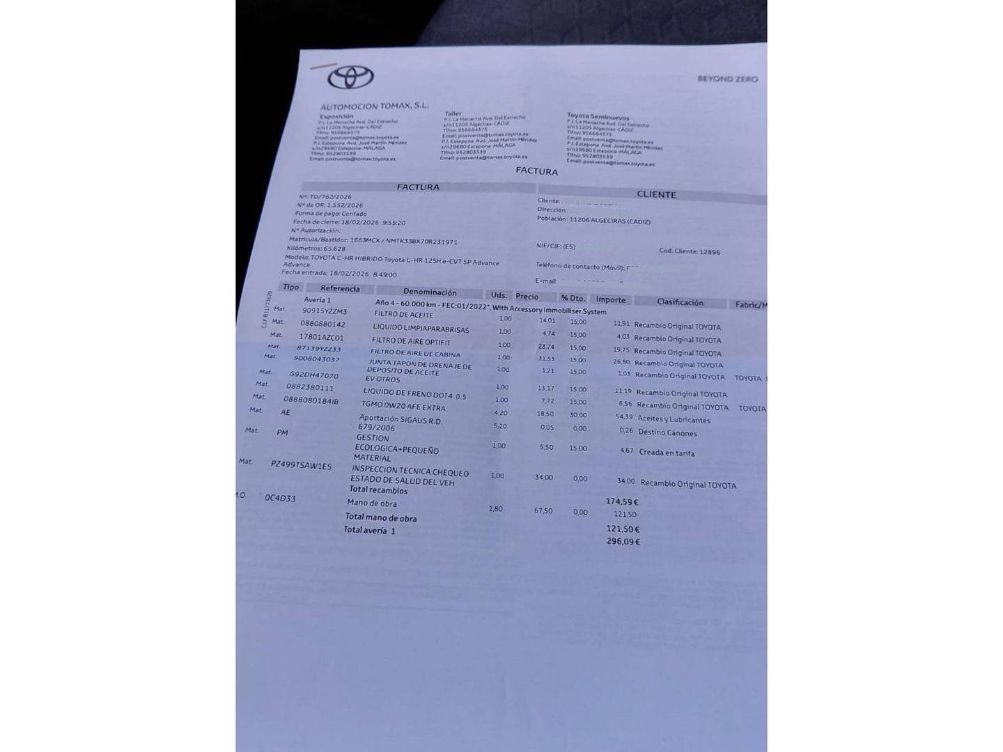 Foto del mantenimiento del Toyota C-HR Toyota C-HR 1.8 125H Advance (122 CV)