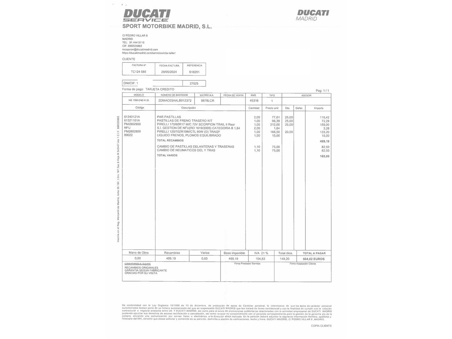 Foto del mantenimiento del Ducati Multistrada 1260 Enduro Ducati Multistrada 1260 Enduro (158 CV)