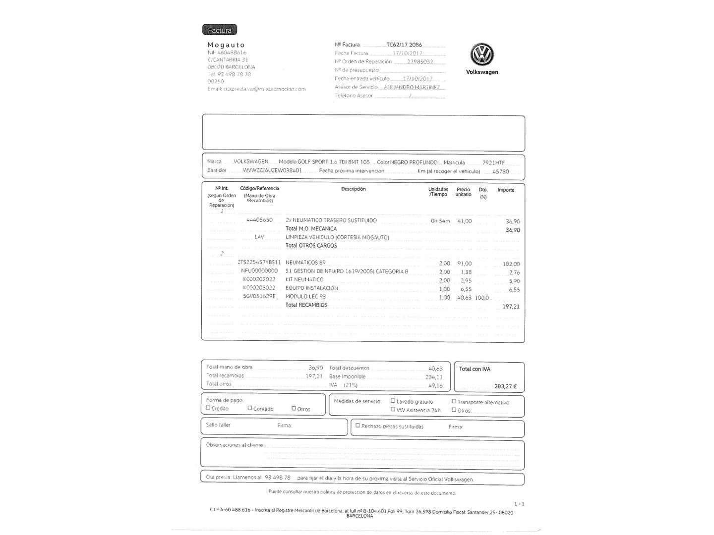 Foto del mantenimiento del Volkswagen Golf Volkswagen Golf Sport 1.6 TDI (105 CV)