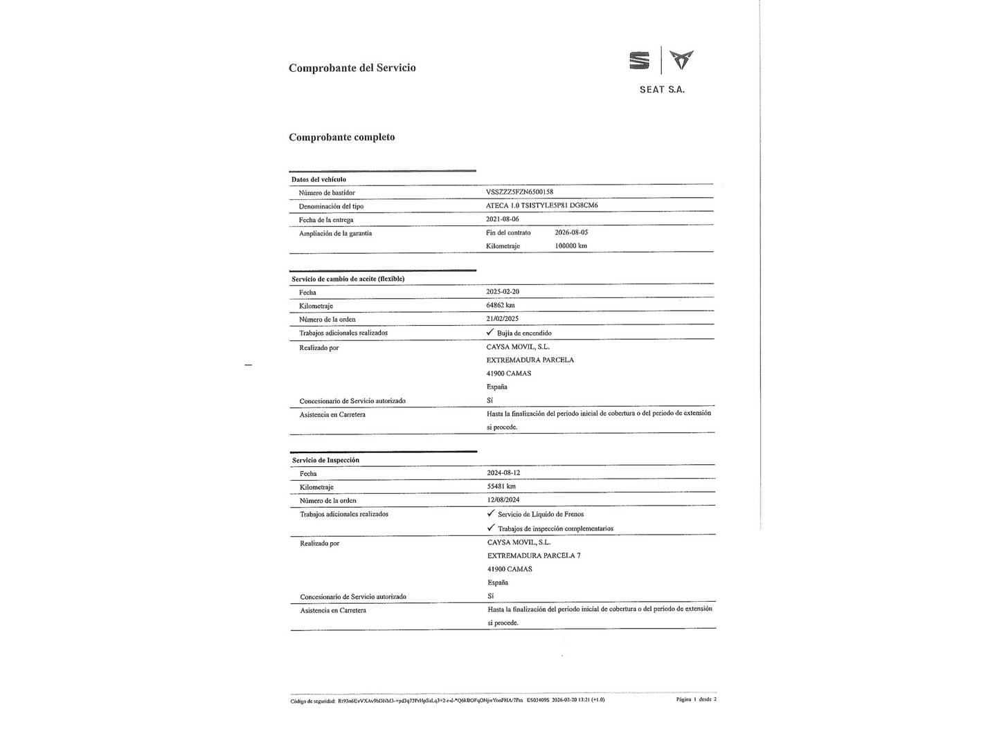 Foto del mantenimiento del Seat Ateca SEAT Ateca 1.0 TSI S&S Style Go M (110 CV)