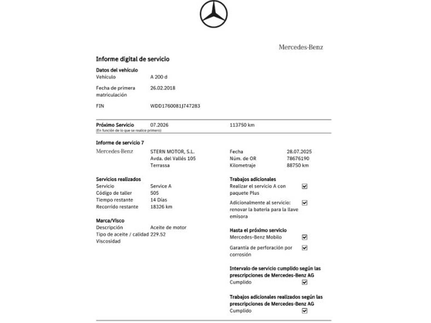 Foto del mantenimiento del Mercedes Clase A Mercedes Clase A Clase A 200 d  Pack AMG (136 CV)