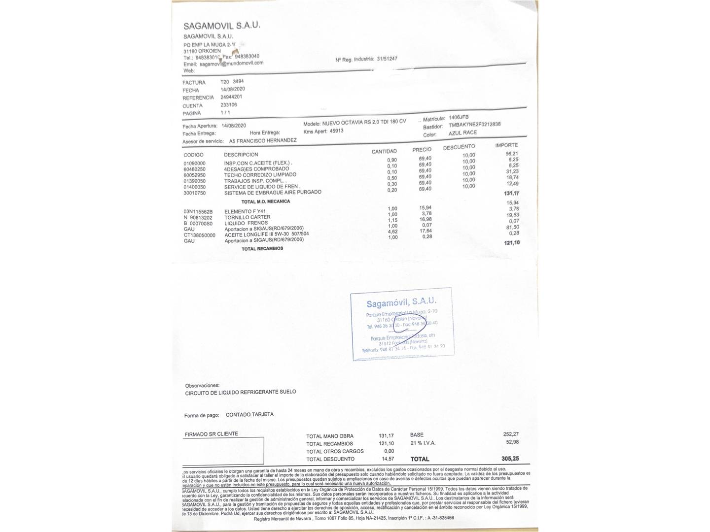 Foto del mantenimiento del Skoda Octavia Skoda Octavia 2.0 TDI RS (184 CV)