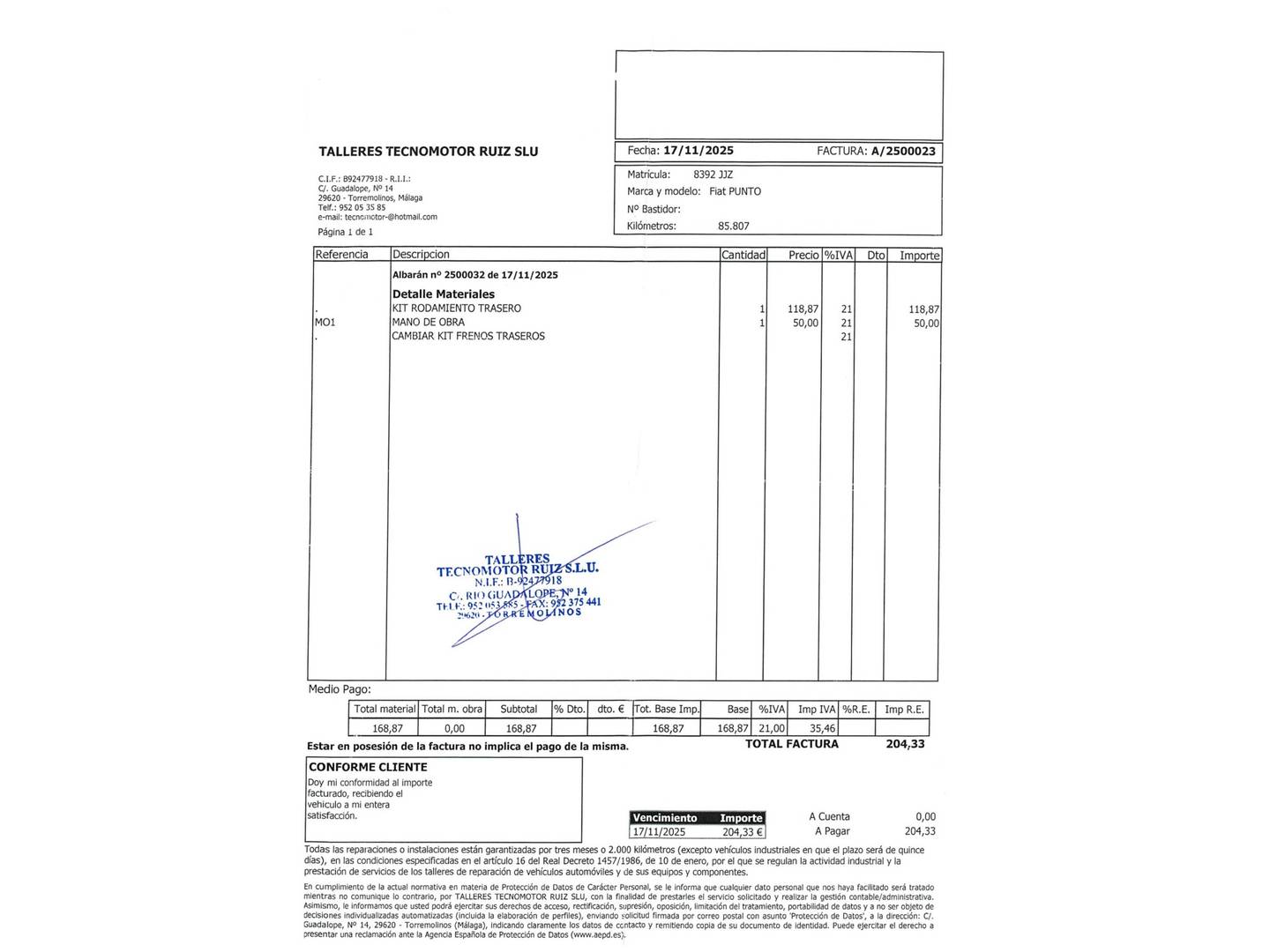 Foto del mantenimiento del Fiat Punto Fiat Punto 1.3 Multijet Easy (75 CV)