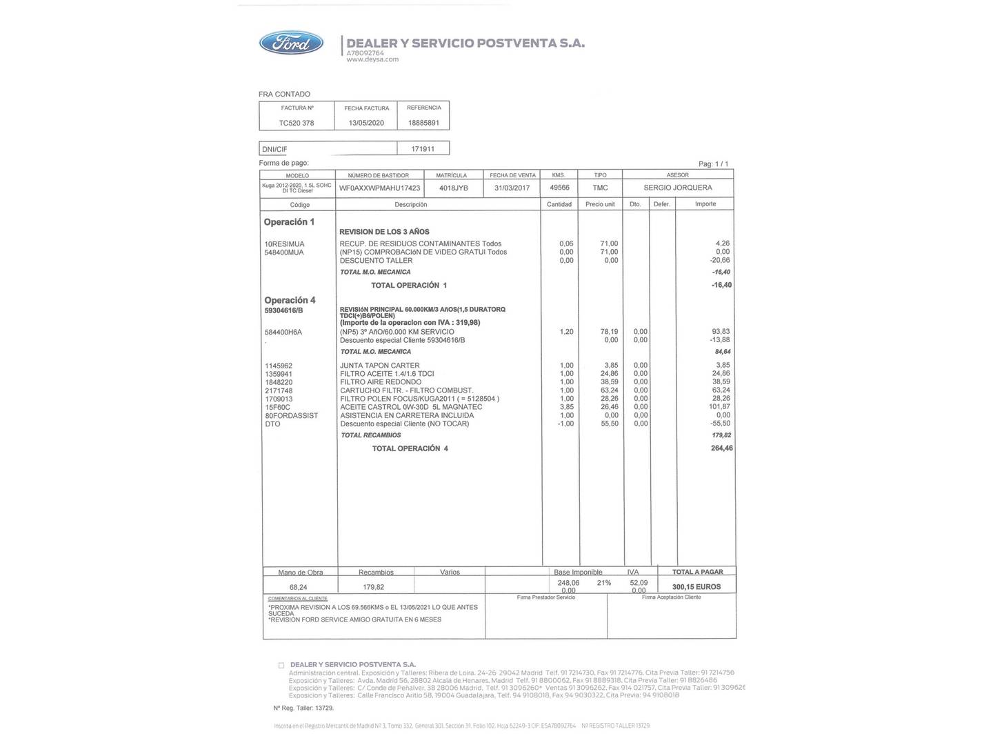 Foto del mantenimiento del Ford Kuga Ford Kuga 1.5 TDCI S&S Titanium 4x2 (120 CV)
