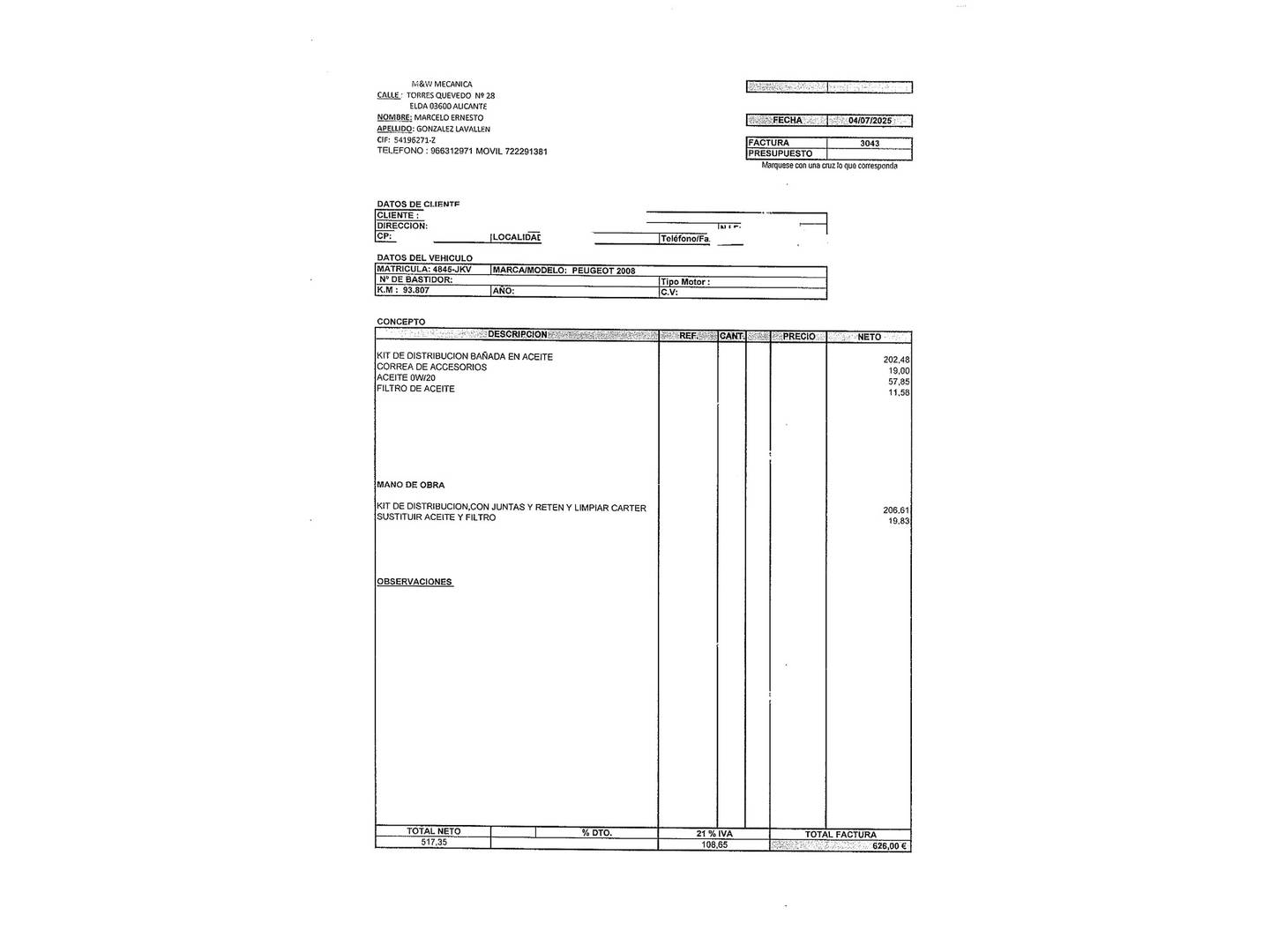Foto del mantenimiento del Peugeot 2008 Peugeot 2008 PureTech 110 S&S Allure EAT6  (110 CV)