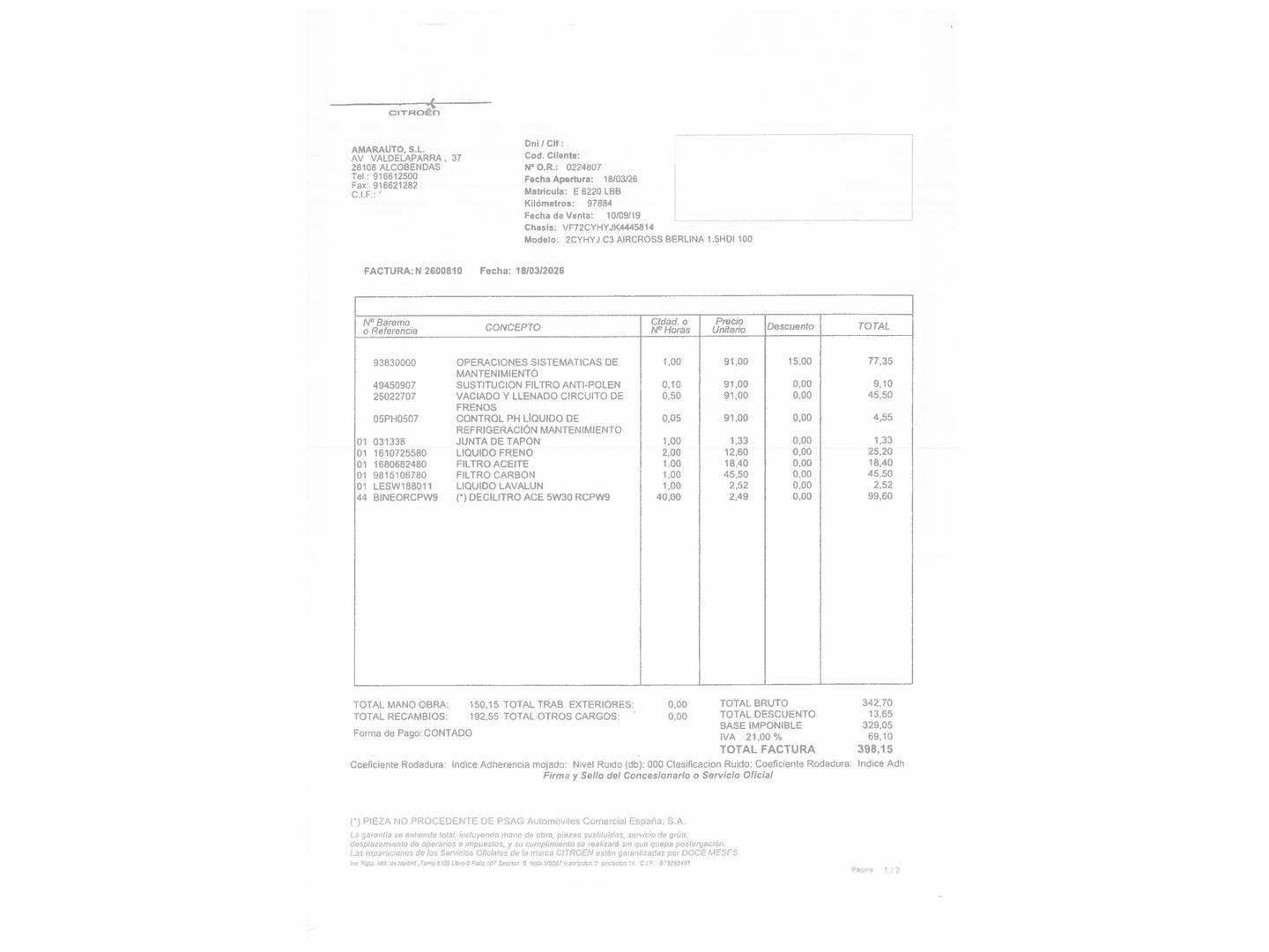Foto del mantenimiento del Citroën C3 Aircross Citroën C3 Aircross BlueHDi 100 S&S Feel (102 CV)