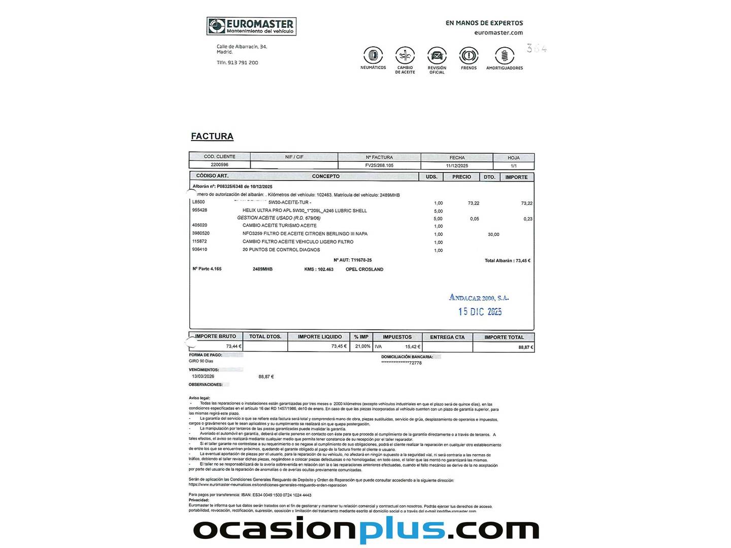 Foto del mantenimiento del Opel Crossland Opel Crossland Crossland 1.5D Edition (110 CV)