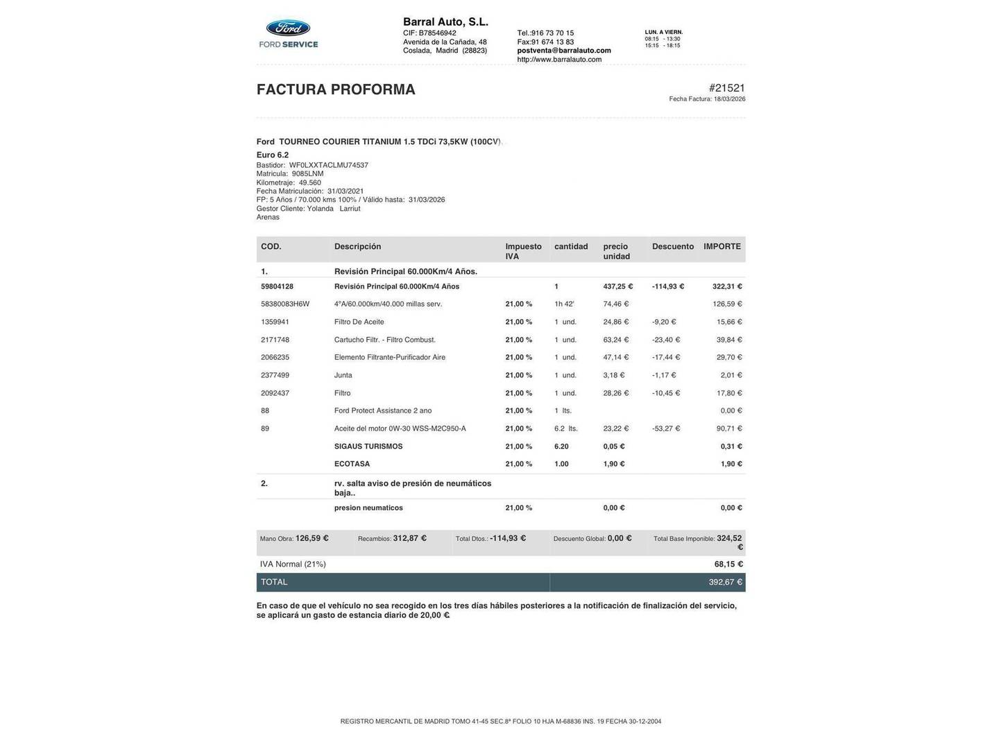 Foto del mantenimiento del Ford Tourneo Courier Ford Tourneo Courier 1.5 TDCi Titanium (100 CV)
