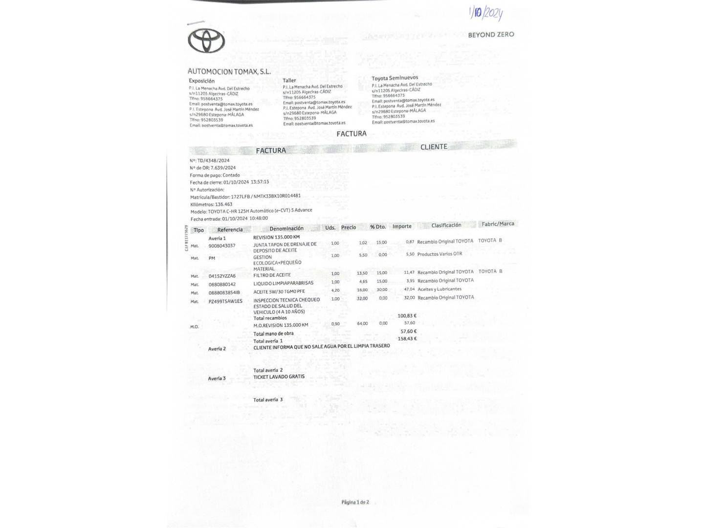 Foto del mantenimiento del Toyota C-HR Toyota C-HR 1.8 125H Advance (122 CV)