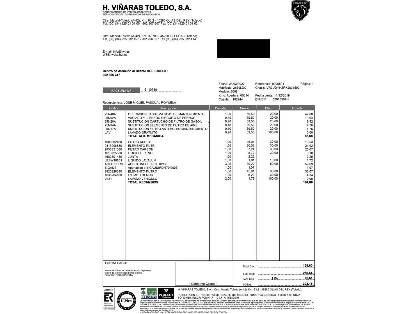 Foto del mantenimiento del Peugeot 2008 Peugeot 2008 BlueHDi 130 S&S Allure EAT8 (130 CV)