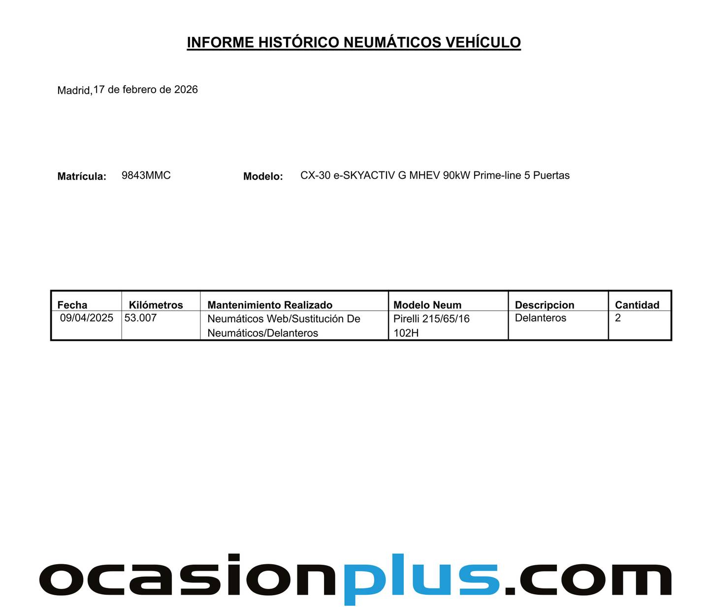 Foto del mantenimiento del Mazda CX-30 Mazda CX-30 2.0 e-Skyactive G MHEV Prime-line (122 CV)