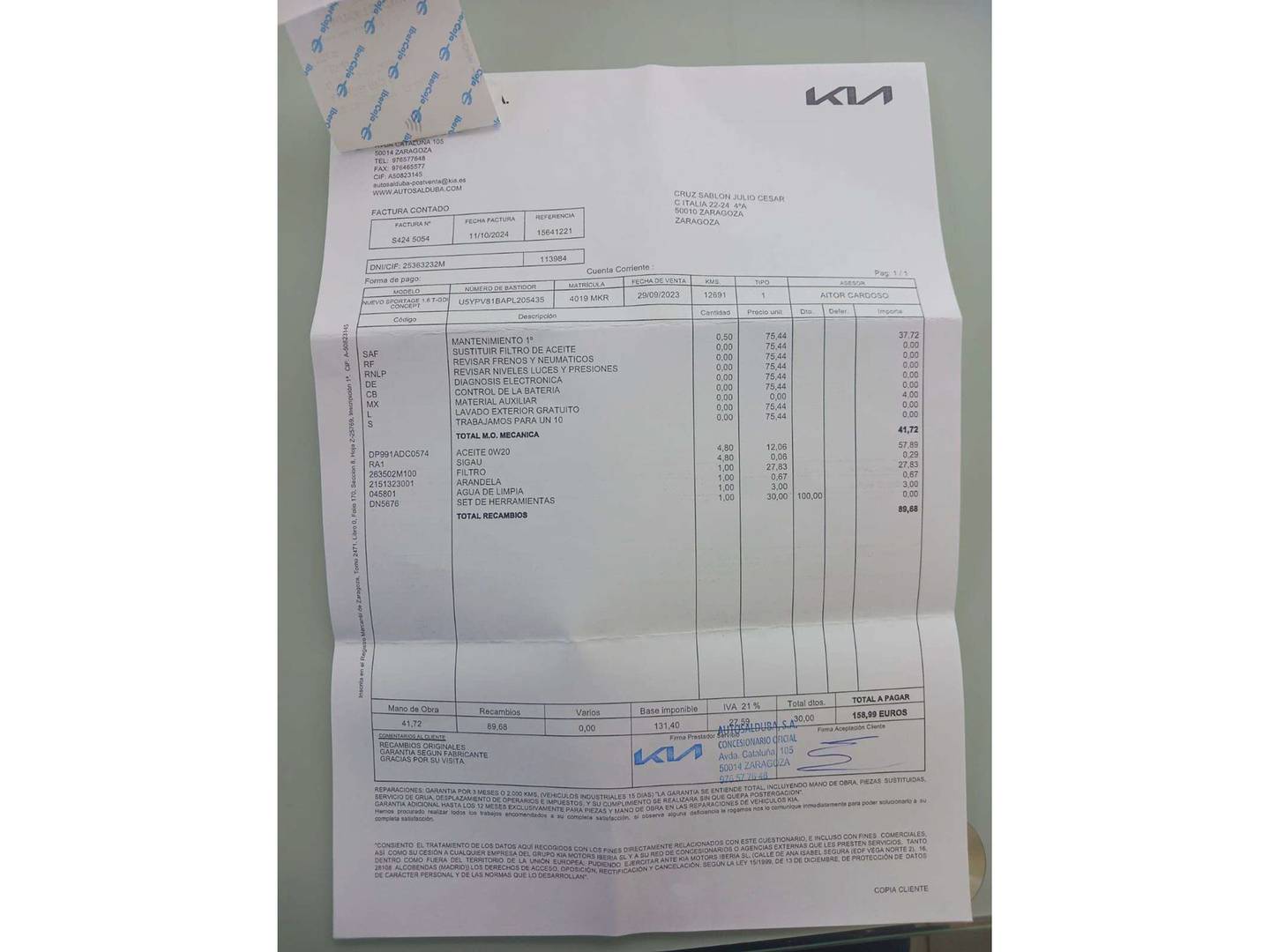 Foto del mantenimiento del KIA Sportage KIA Sportage 1.6 T-GDi Drive 4x2 (150 CV)