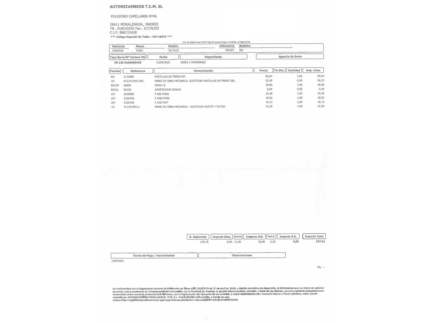 Foto del mantenimiento del Ford Ka+ Ford Ka+ 1.2 Ti-VCT Essential (70 CV)
