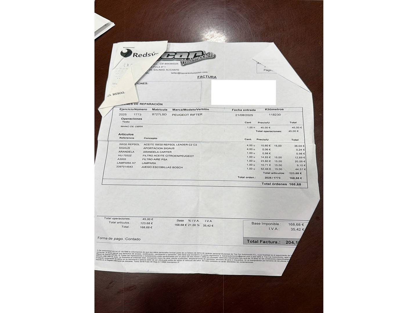 Foto del mantenimiento del Peugeot Rifter Peugeot Rifter BlueHDi 130 S&S Allure Standard (130 CV)