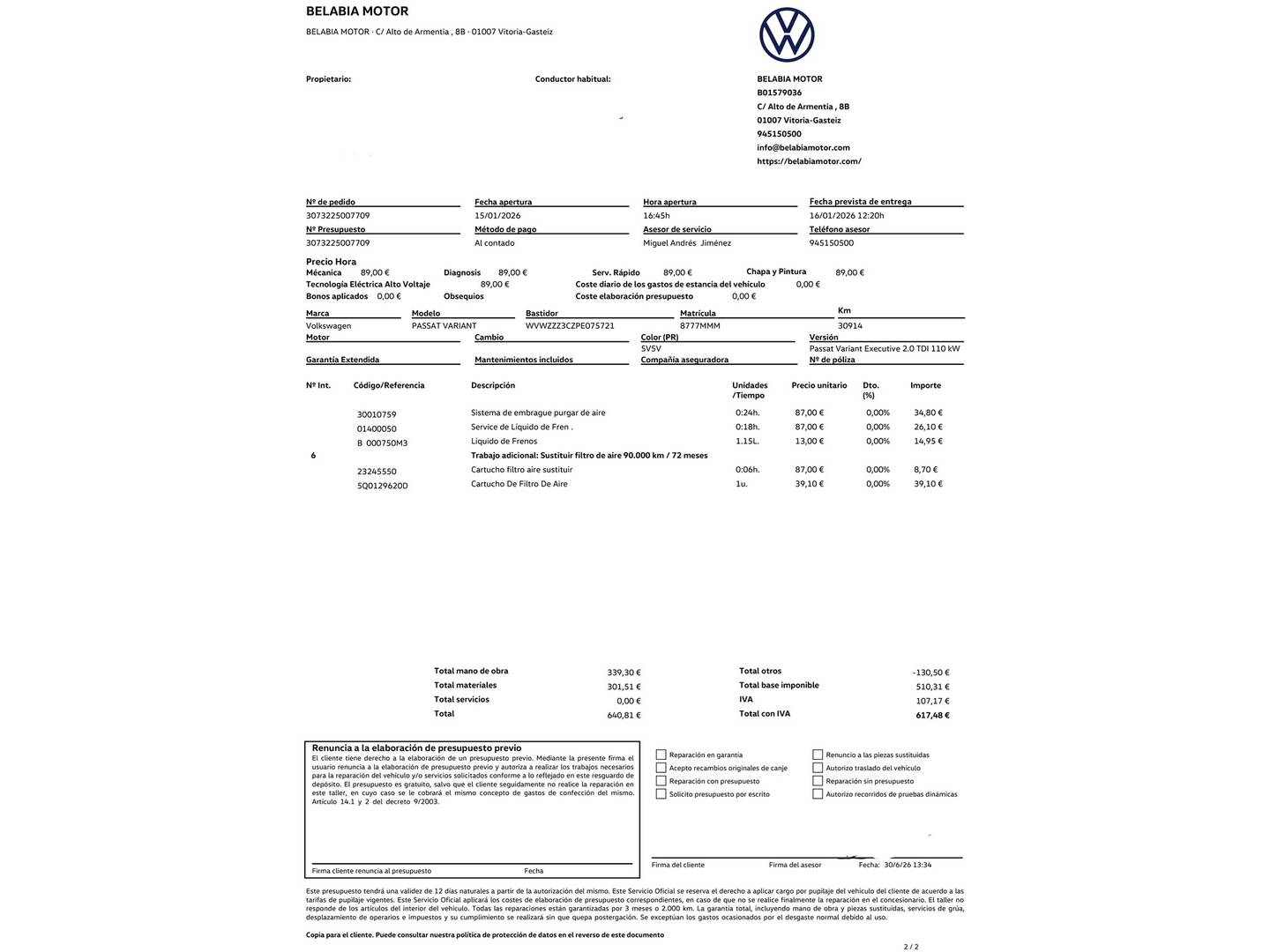 Foto del mantenimiento del Volkswagen Passat Volkswagen Passat Variant Executive 2.0 TDI (150 CV)