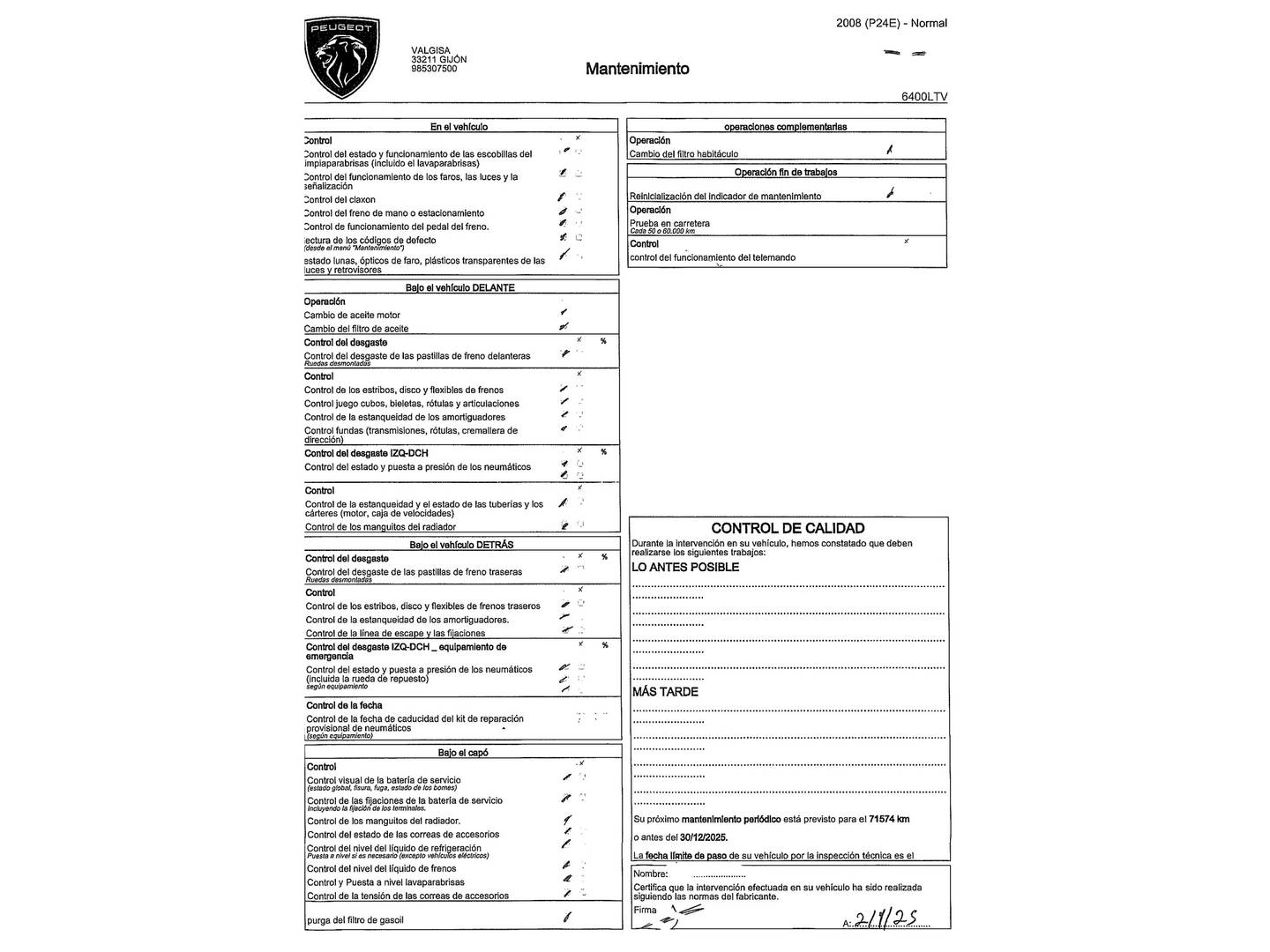 Foto del mantenimiento del Peugeot 2008 Peugeot 2008 BlueHDi 130 S&S GT EAT8 (130 CV)