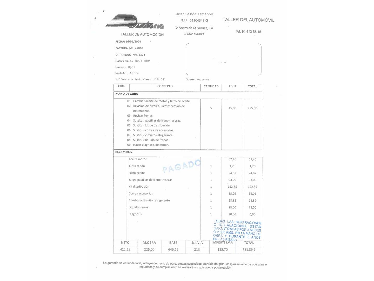 Foto del mantenimiento del Opel Astra Opel Astra 1.7 CDTI S&S Excellence (130 CV)