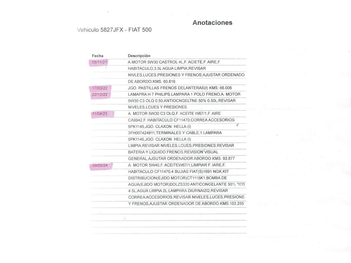 Foto del mantenimiento del Fiat 500 Fiat 500 1.2 8v S (69 CV)