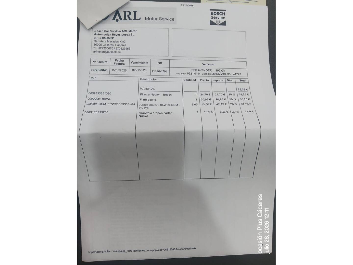 Foto del mantenimiento del Jeep Avenger Jeep Avenger 1.2 G Longitude (100 CV)