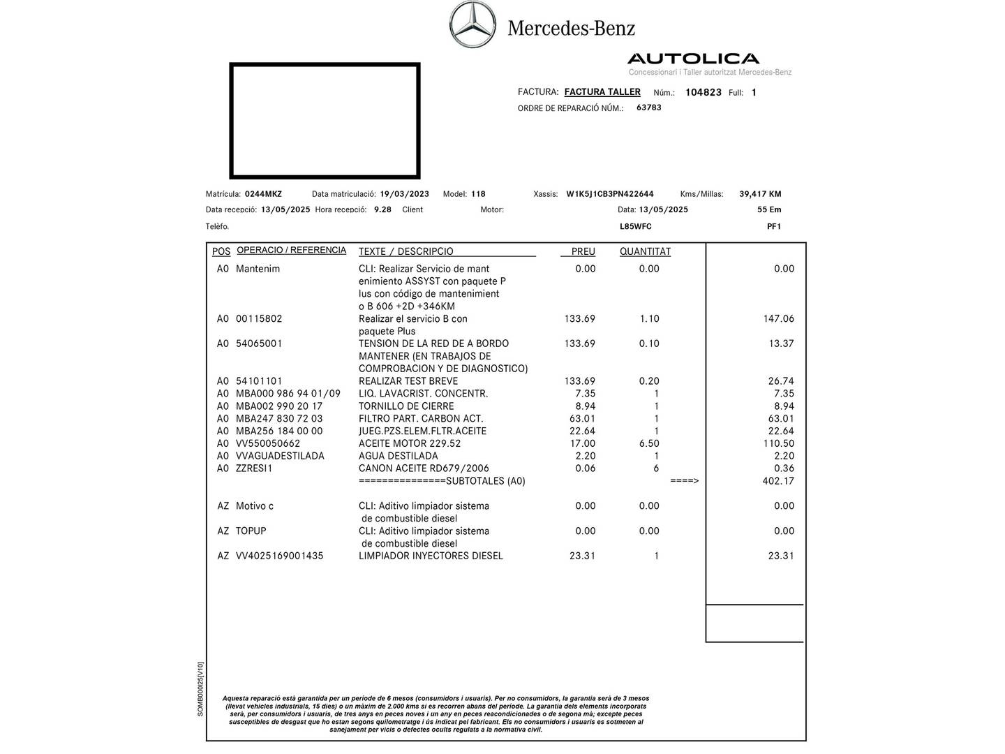 Foto del mantenimiento del Mercedes CLA Mercedes CLA 200 d (150 CV) Pack AMG