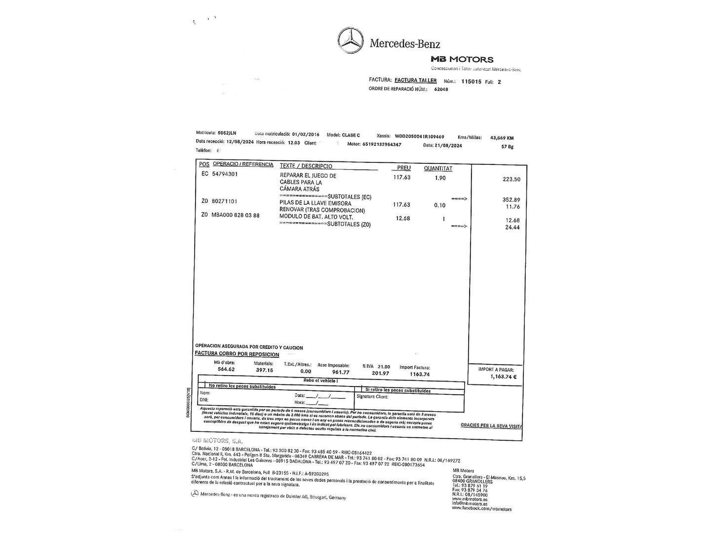 Foto del mantenimiento del Mercedes Clase C Mercedes Clase C 220 d (170 CV) Pack AMG