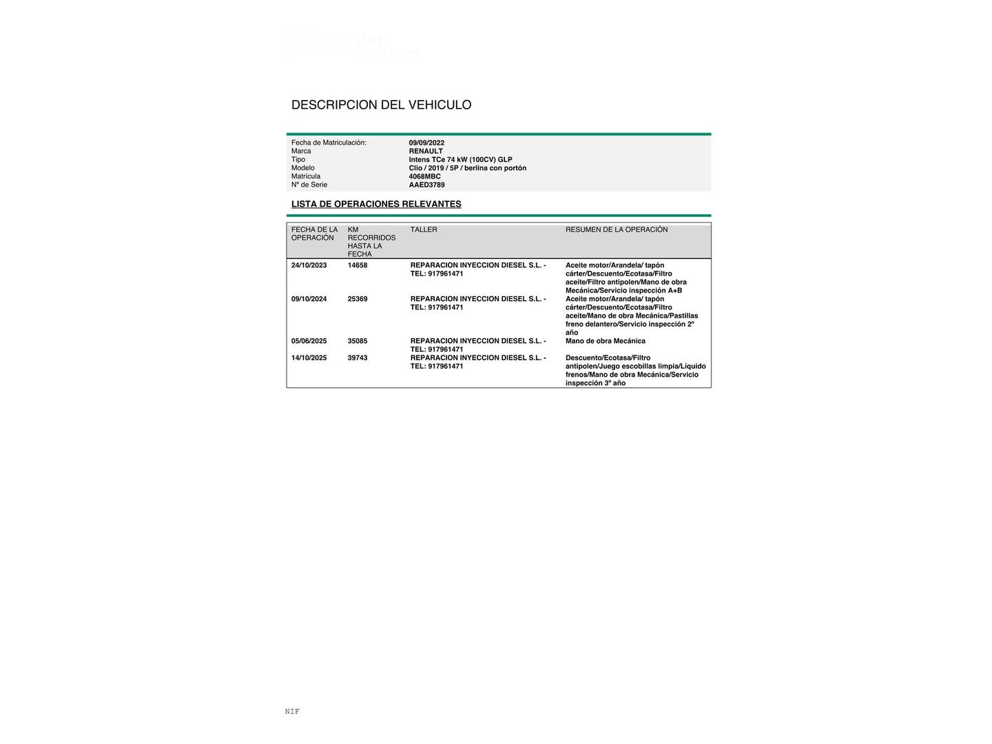 Foto del mantenimiento del Renault Clio Renault Clio Intens TCe (100 CV) GLP