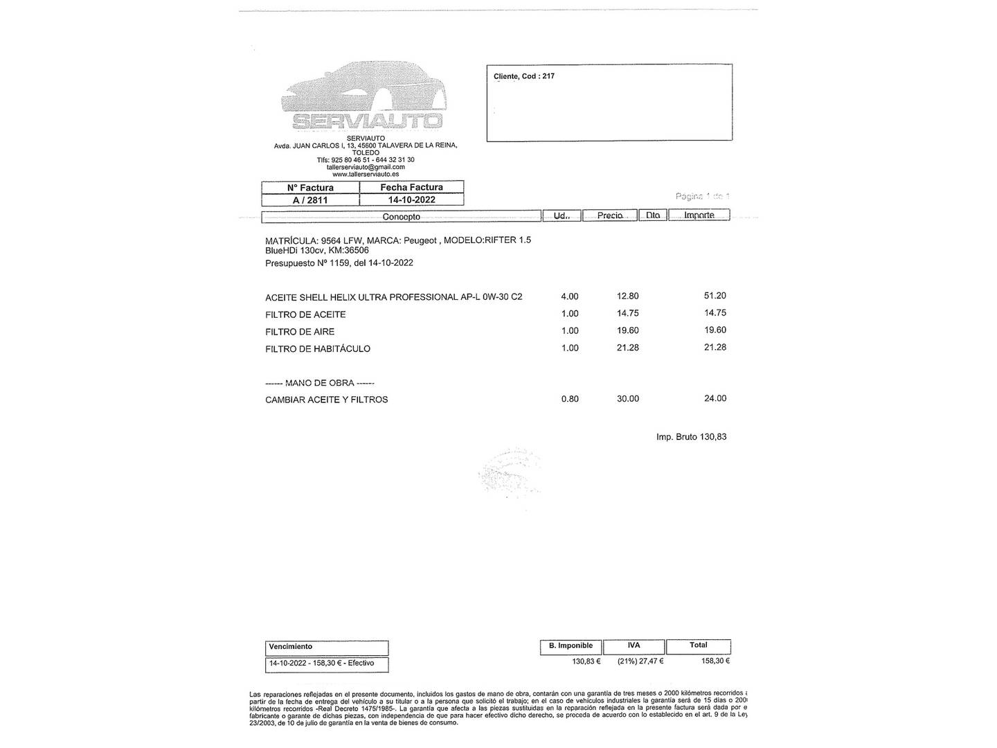 Foto del mantenimiento del Peugeot Rifter Peugeot Rifter BlueHDi 130 GT Standard (130 CV)
