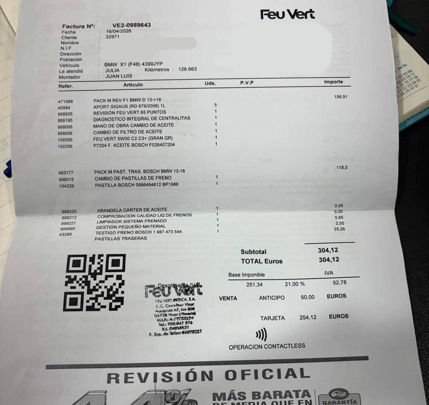 Foto del mantenimiento del BMW X1 BMW X1 sDrive18d (150 CV)