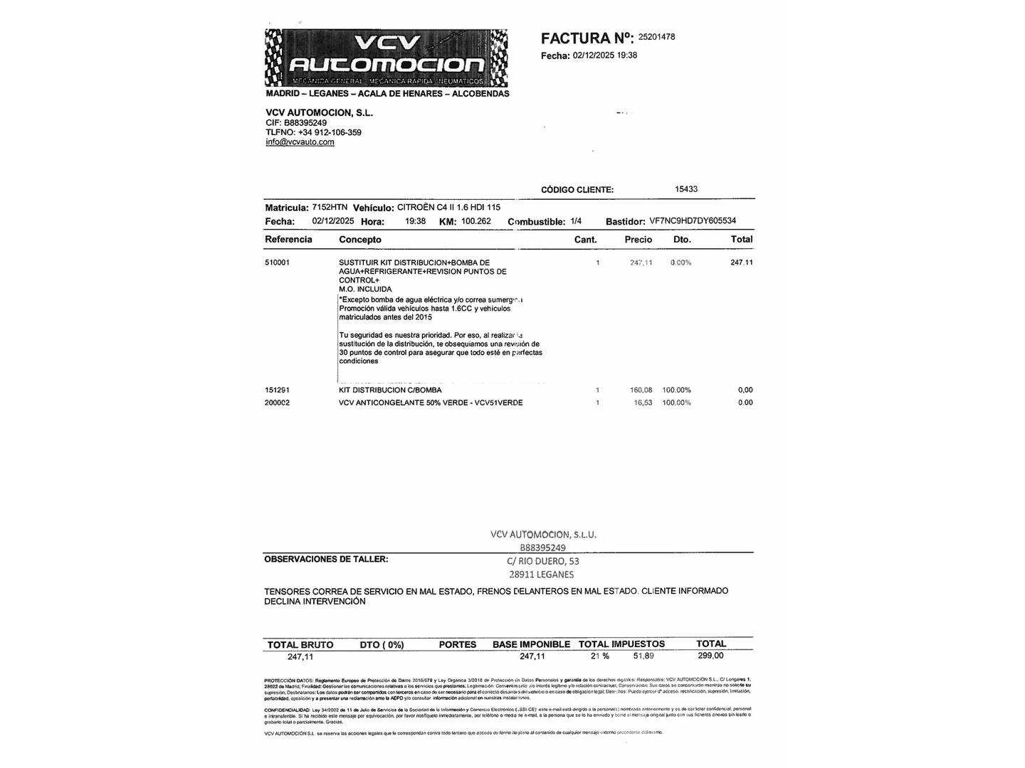 Foto del mantenimiento del Citroën C4 Citroën C4 1.6 HDI Tonic (114 CV)