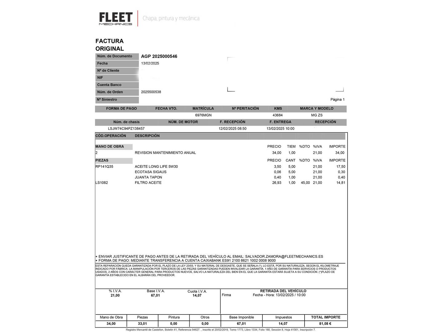 Foto del mantenimiento del MG ZS MG ZS 1.0T Luxury (111 CV)