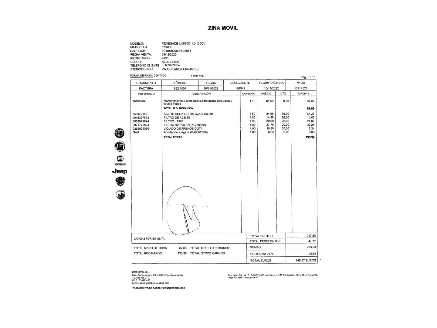Foto del mantenimiento del Jeep Renegade Jeep Renegade 1.0G Limited 4x2 (120 CV)