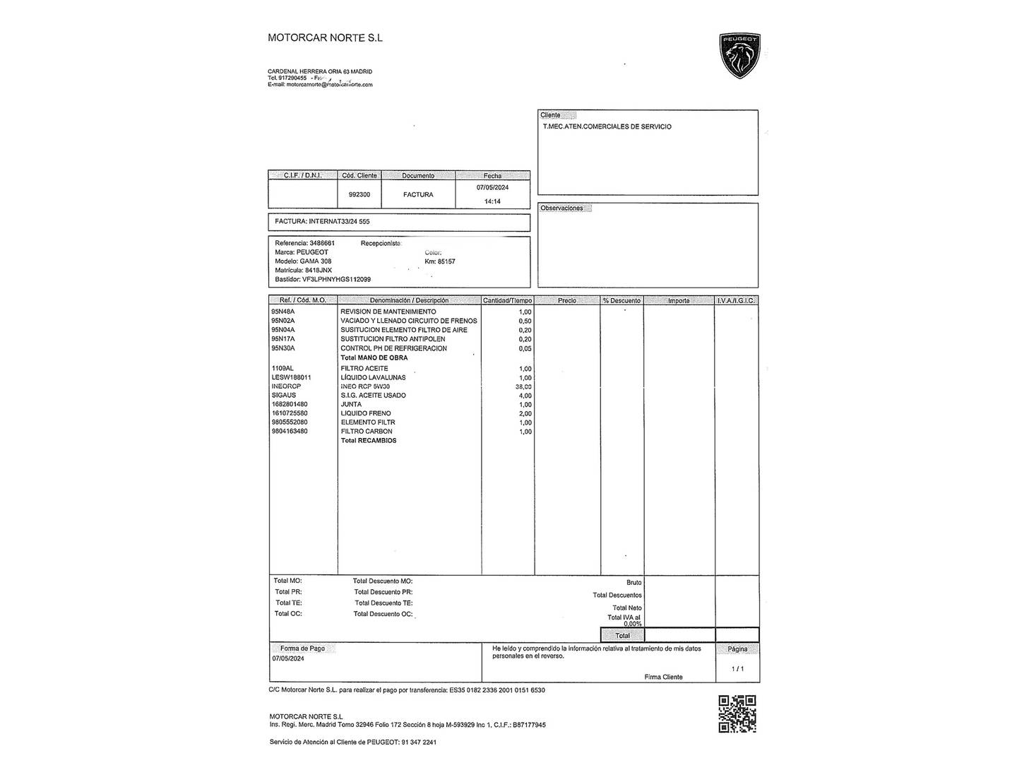 Foto del mantenimiento del Peugeot 308 Peugeot 308 PureTech 130 S&S Style (130 CV)