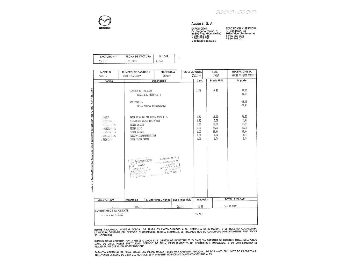 Foto del mantenimiento del Mazda Mazda6 Mazda Mazda 6 2.0 CRTD 16v Sportive (143 CV)