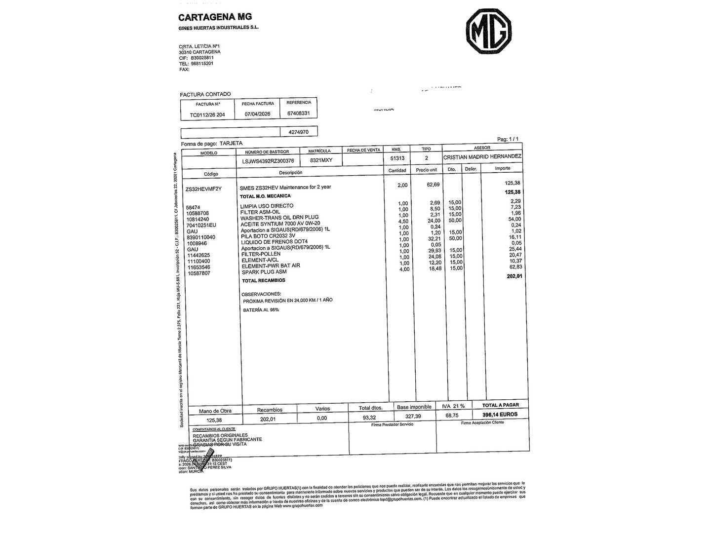 Foto del mantenimiento del MG ZS MG ZS 1.5 Hybrid+ Luxury (197 CV)