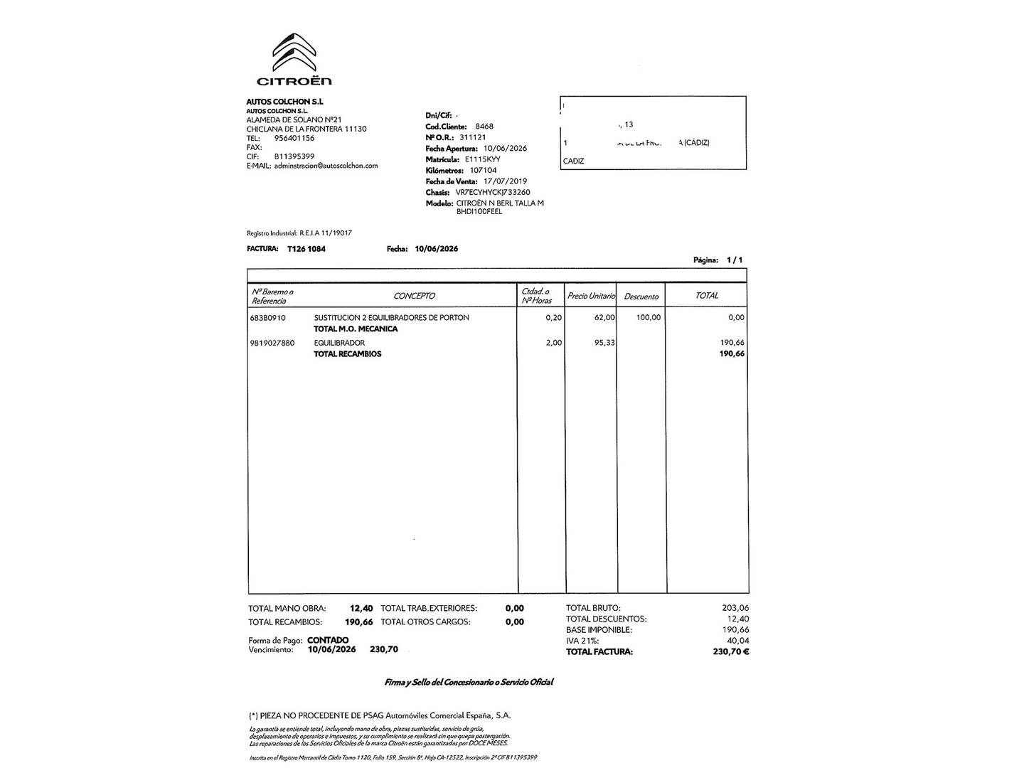Foto del mantenimiento del Citroën Berlingo Citroën Berlingo BlueHDi 100 S&S Talla M Shine (102 CV)